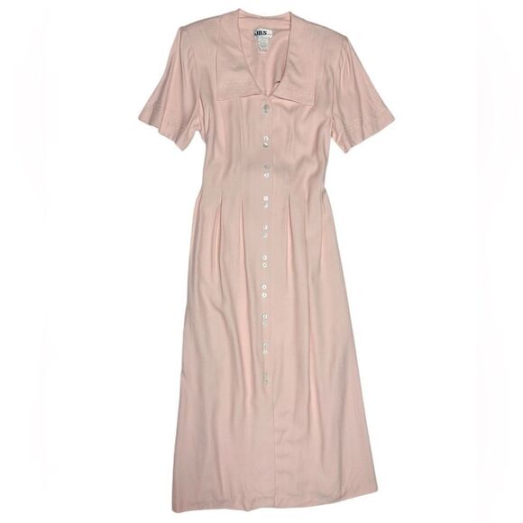 NWT 80’s Vintage J.B.S. Ltd. Petite Button Front Light Pink Midi Dress Tie Back - Picture 1 of 11